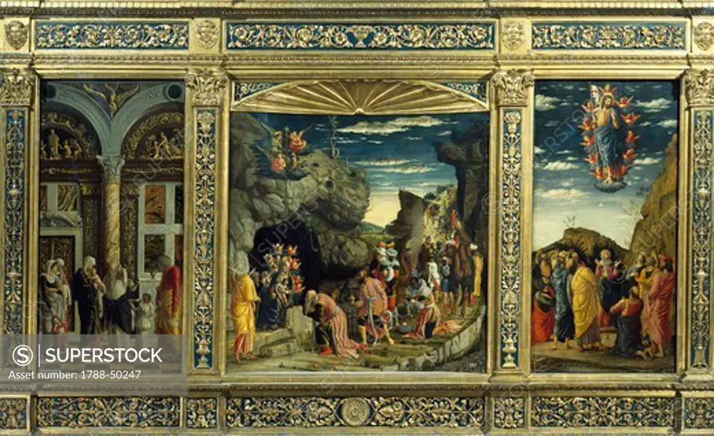 Triptych from the Uffizi Gallery, with the Ascension, the Adoration of the Magi and the Circumcision, 1463-1464, by Andrea Mantegna (1431-1506).empera on wood, 86x161,5 cm.