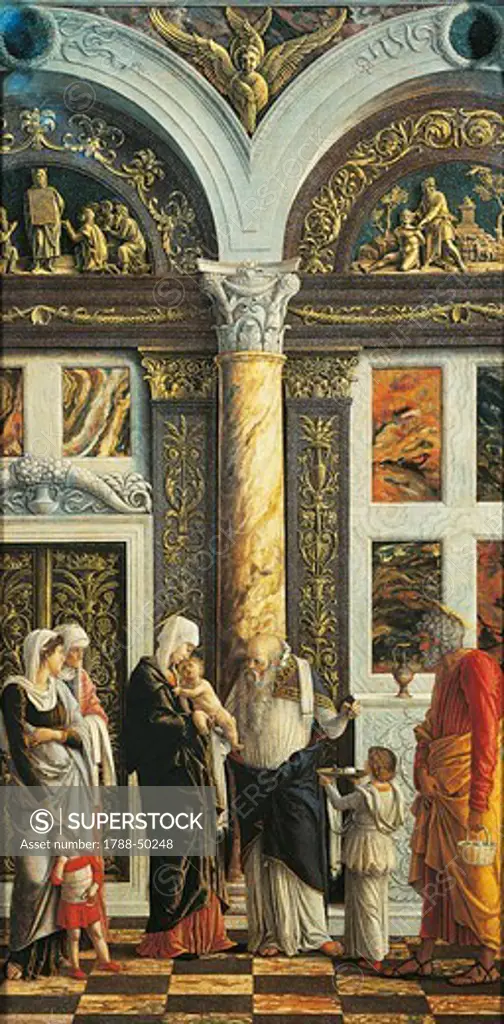 The Circumcision, panel of the Triptych in the Uffizi with the Ascension, the Adoration of the Magi and the Circumcision, 1463-1464, by Andrea Mantegna (1431-1506), tempera on wood, 86x161,5 cm.