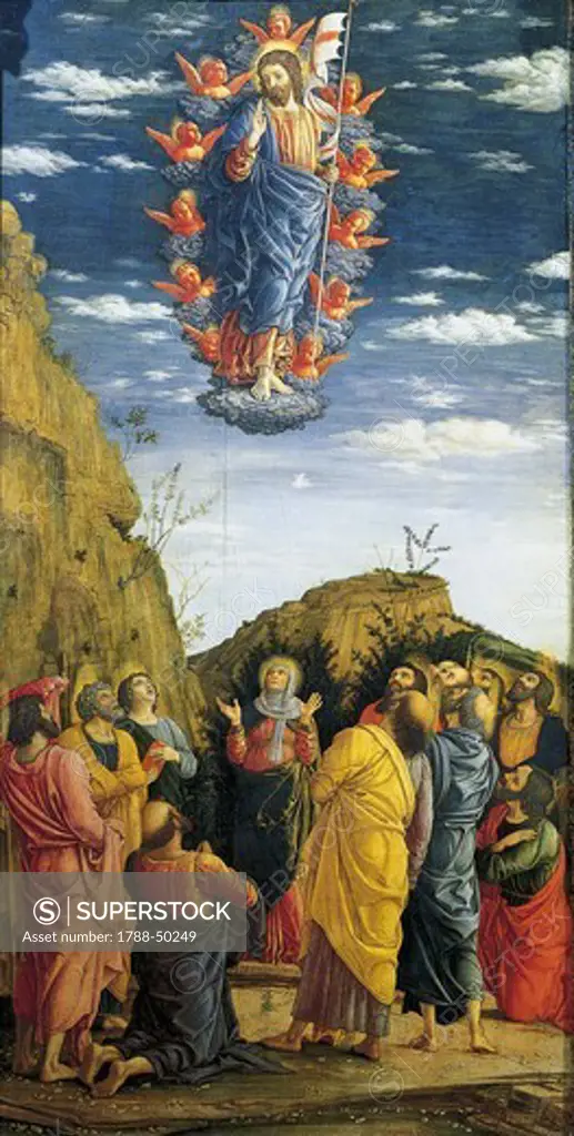The Ascension, panel of the Triptych in the Uffizi with the Ascension, the Adoration of the Magi and the Circumcision, 1463-1464, by Andrea Mantegna (1431-1506). Tempera on wood, 86x161.5 cm.