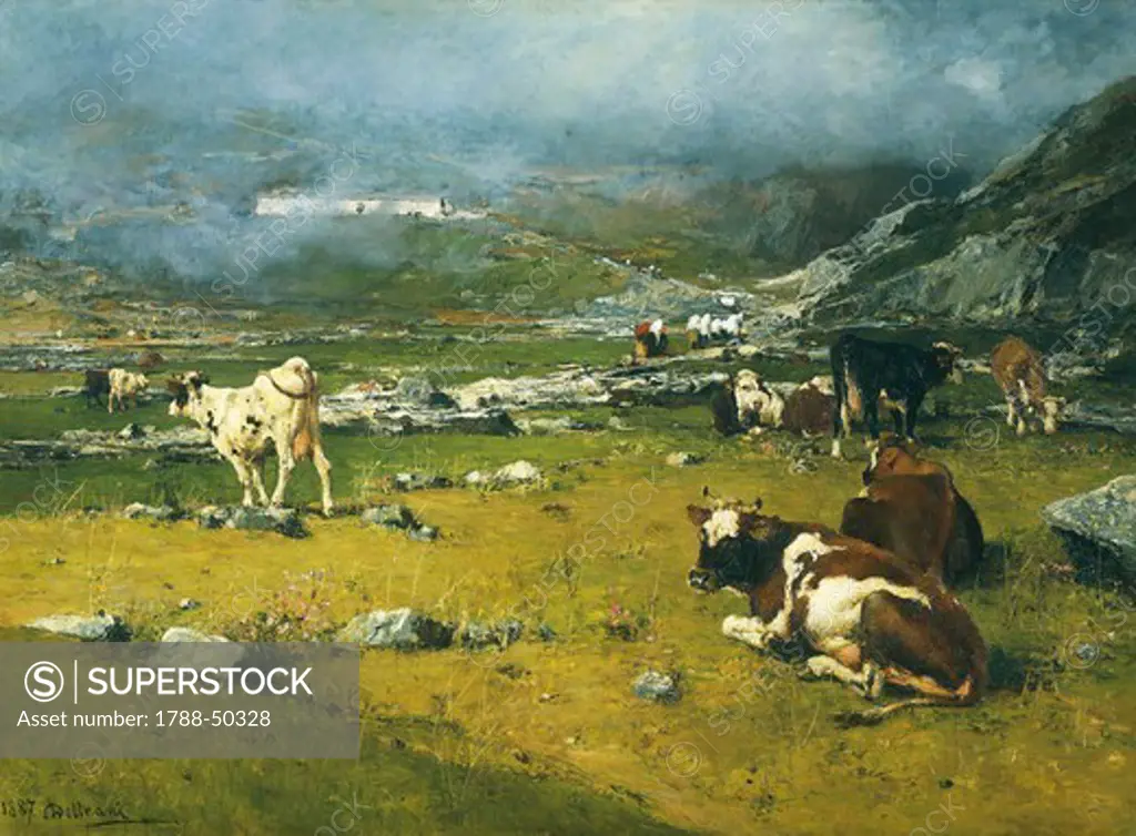 Mountain landscape with cows grazing in the upper area of Biella, by Lorenzo Delleani (1840-1908).