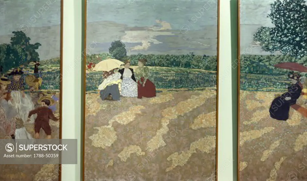 The nursemaids, The conversation and The red parasol, three panels from the Public Gardens series, 1894, by Edouard Vuillard (1868-1940), tempera on canvas, 213x73, 213x154, 213x81 cm.