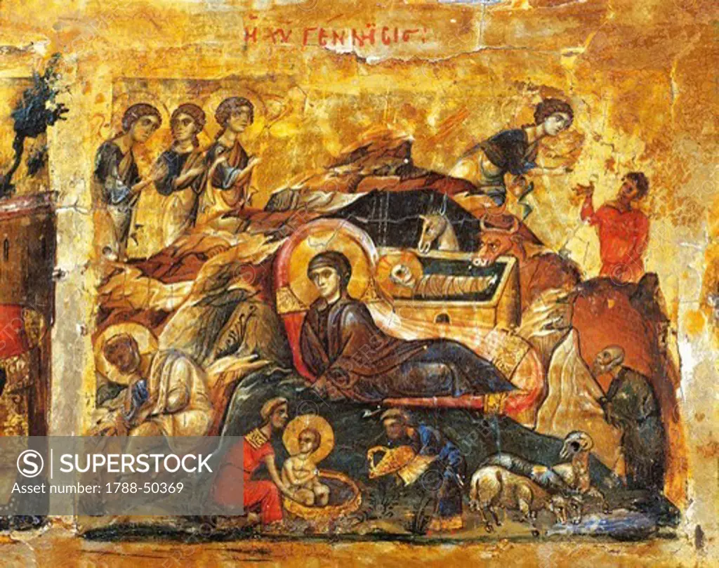 The Nativity, detail from the Deisis with the twelve feasts, 11th century, Byzantine art, oil on panel.