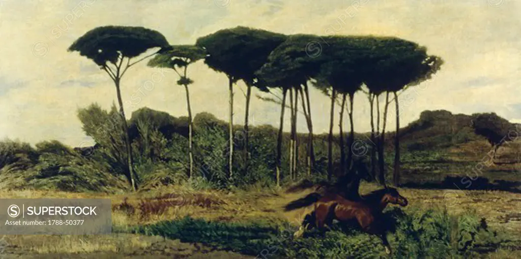 Horses on a mound, 1867, by Giovanni Fattori (1825-1908), oil on canvas, 85x174 cm.