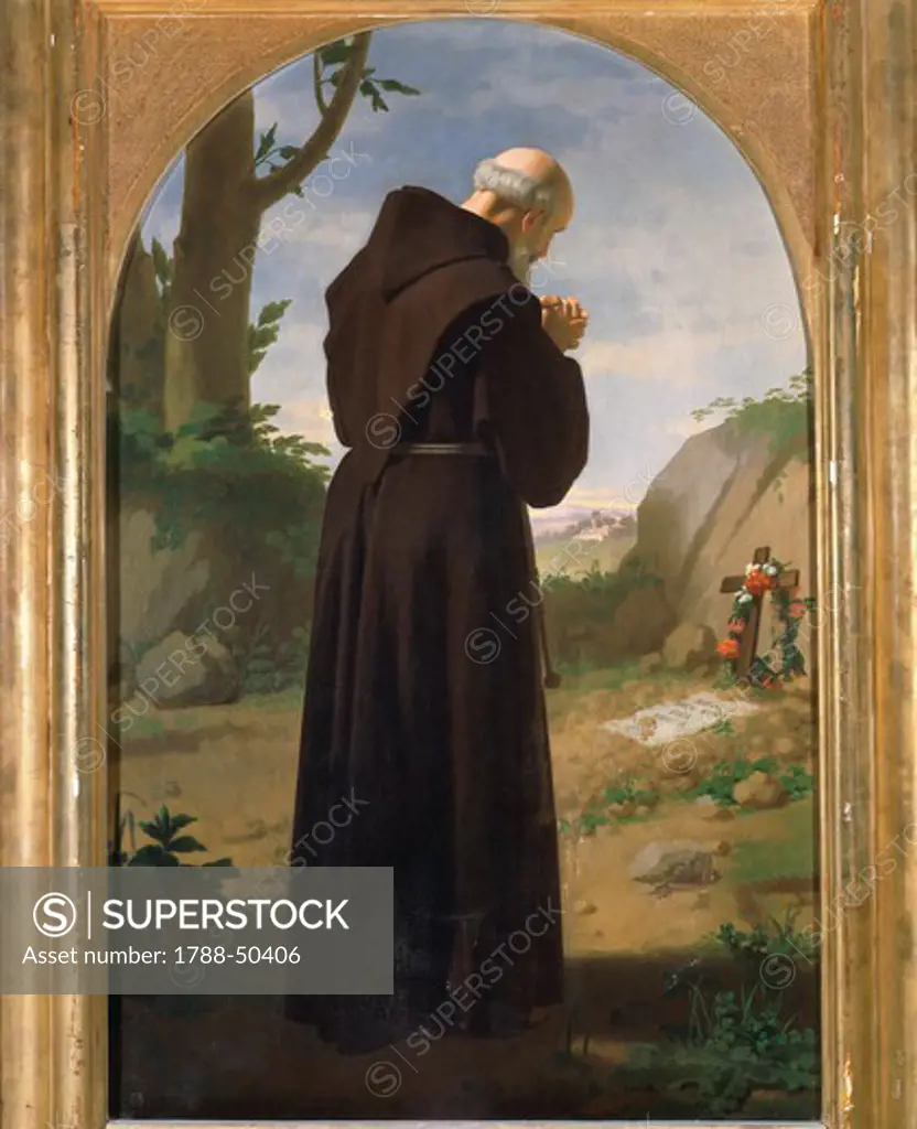 Monk praying at a grave, 1867, by Louis Sciallero (1829-1920), oil on canvas, 113x70 cm.