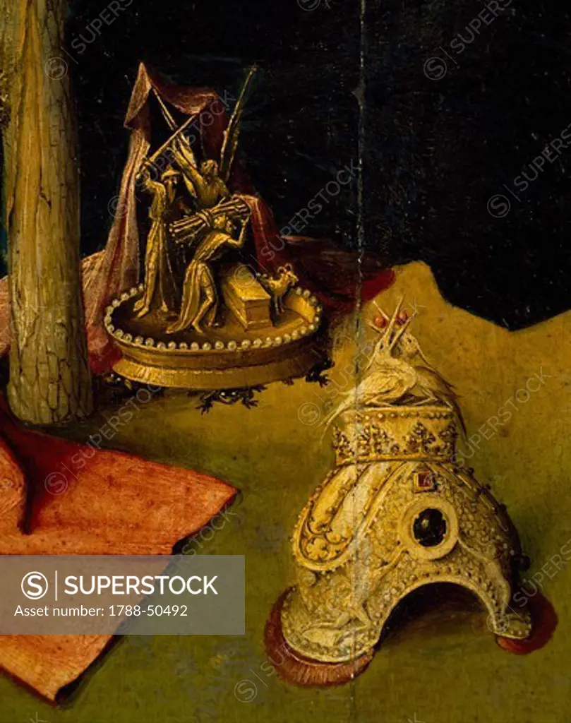 Tiara and golden sculpture depicting the sacrifice of Isaac, detail from the central panel of the Adoration of the Magi or the Epiphany altarpiece,, 1510, by Hieronymus Bosch (ca 1450-1516).