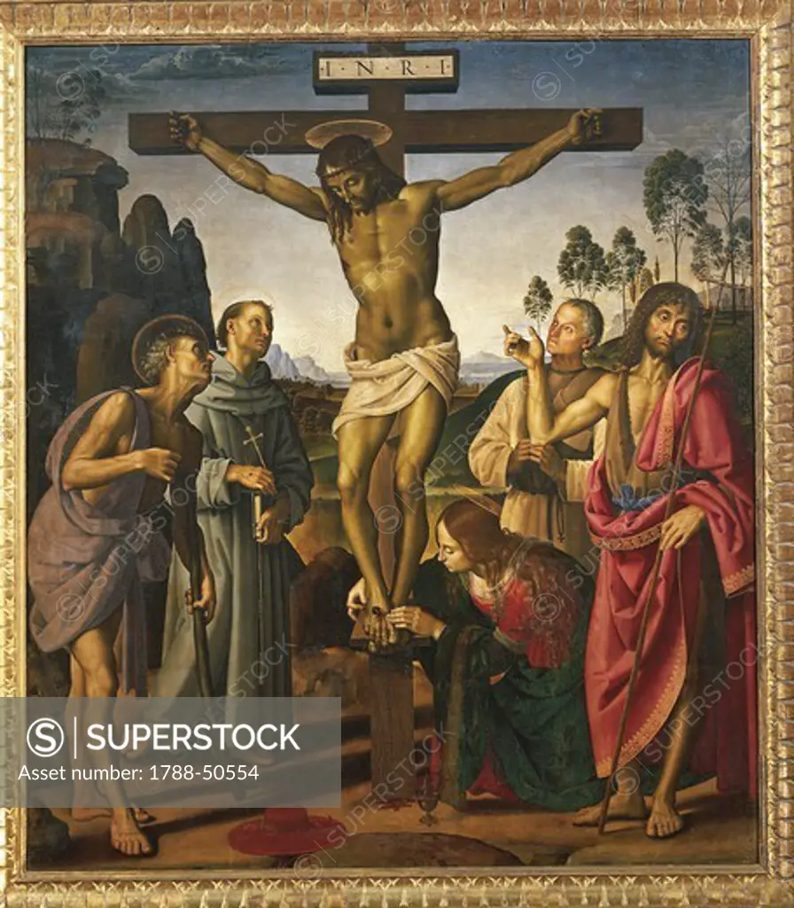 Crucifixion with Saints, 1483-1495, by Pietro Perugino (ca 1450-1523) and Luca Signorelli (1445-1523), oil on wood, 203x180 cm.