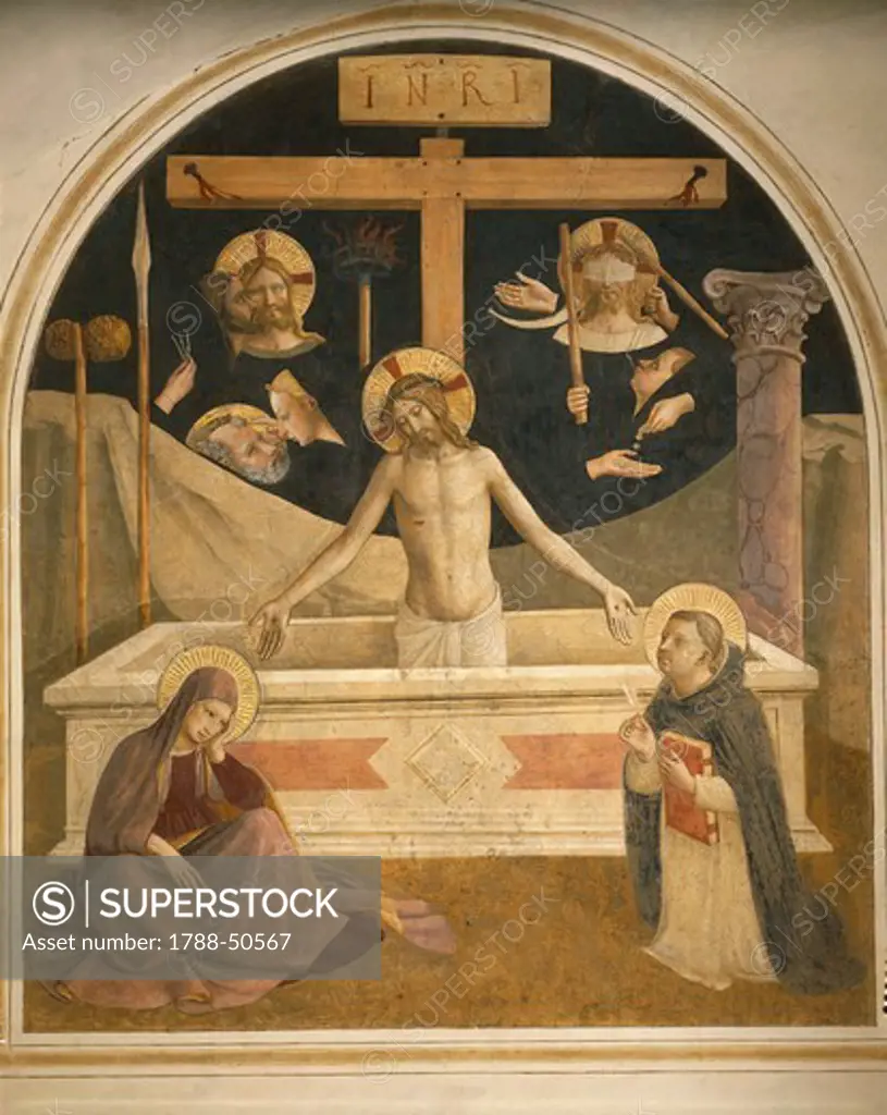 Christ in Pieta between Mary and St Dominic (or St Thomas), 1437-1445, by Giovanni da Fiesole, known as Fra Angelico (ca 1400-1455), fresco, 182x157 cm. Cells from the first floor, St Mark's Convent, Florence.