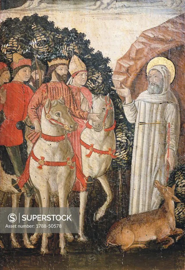 St Eligius, wounded during a hunt with King Dagobert I, saving a deer, detail from the Stories of the life of St Eligius, 15th century.