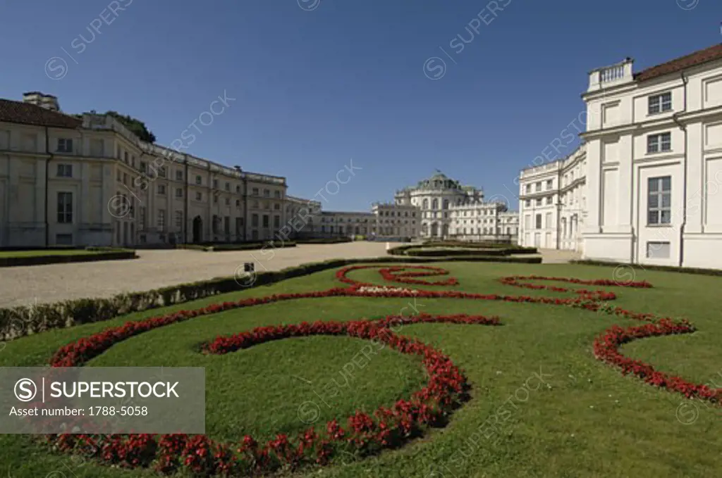 Italy, Piedmont, Stupinigi, Palazzina di caccia, royal hunting lodge with formal garden in foreground