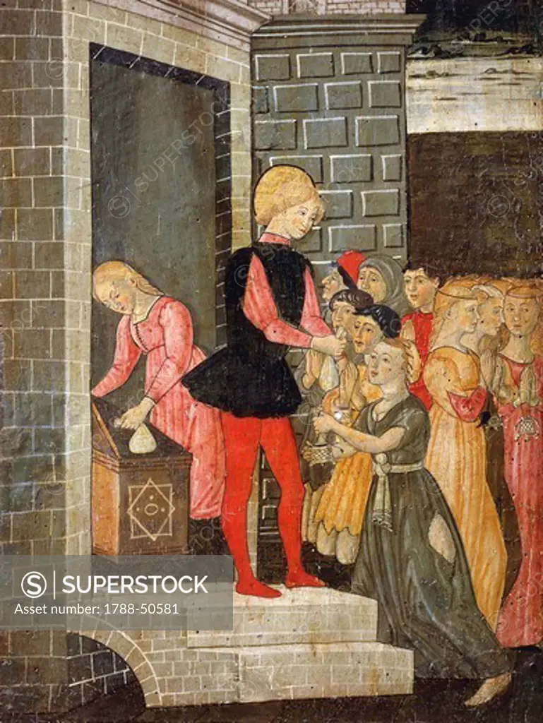 St Eligius performing acts of charity, detail from the Stories of the life of St Eligius, 15th century.