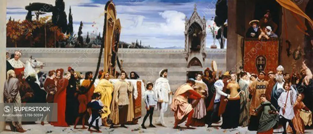 Cimabue's celebrated Madonna is carried in procession through the streets of Florence, 1853-1855, by Baron Frederic Leighton (1830-1896), oil on canvas, 222x521 cm.
