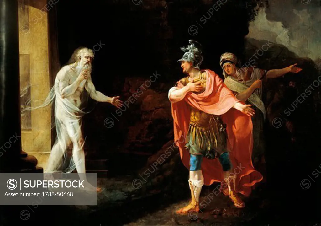 Anchises and the Sibyl Deifobe leading Aeneas' soul to hell, by Biagio Manfredi.