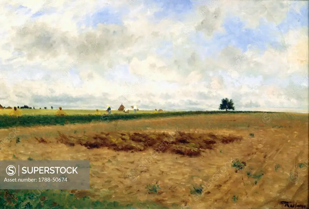 Landscape with haystacks, by Federico Rossano (1835-1912), oil on canvas.