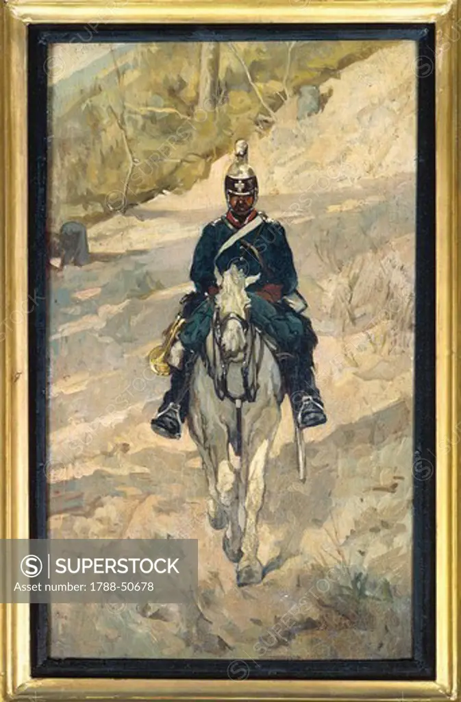 Soldier on horseback, 1870, by Giovanni Fattori (1825-1908), oil on panel, 21x36.5 cm.