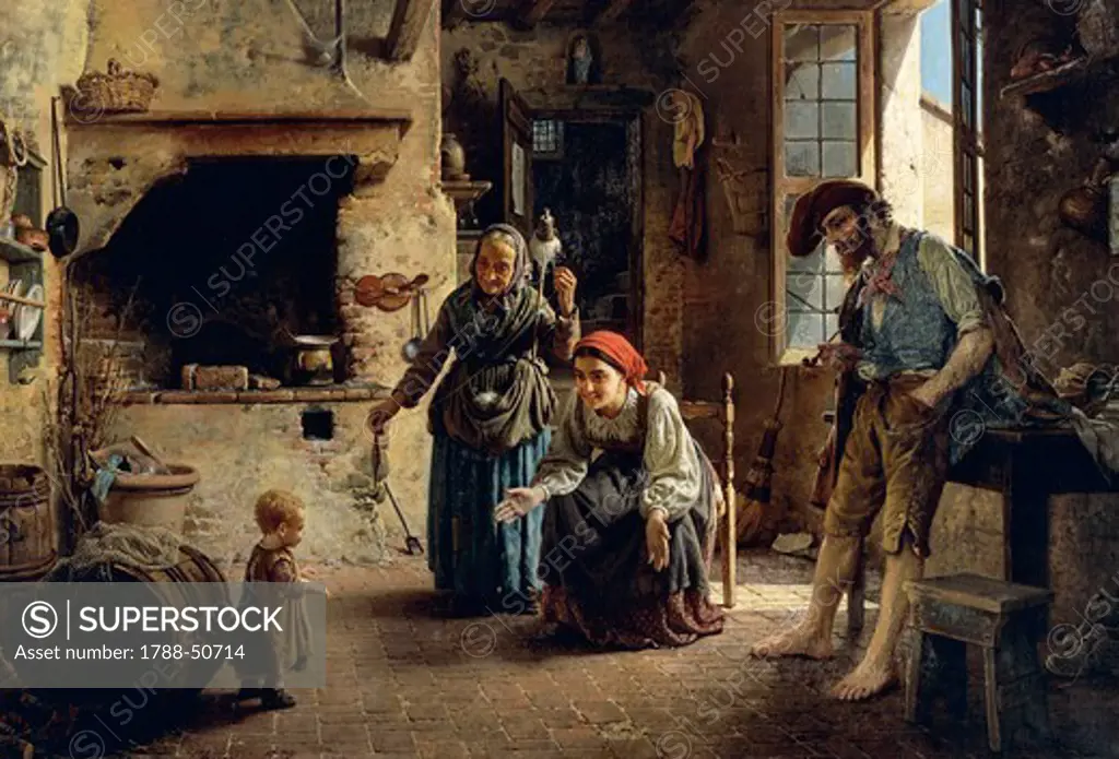 A domestic scene (First Steps), 1865, by Gaetano Chierici (1838-1920), oil on canvas, 70x100 cm.