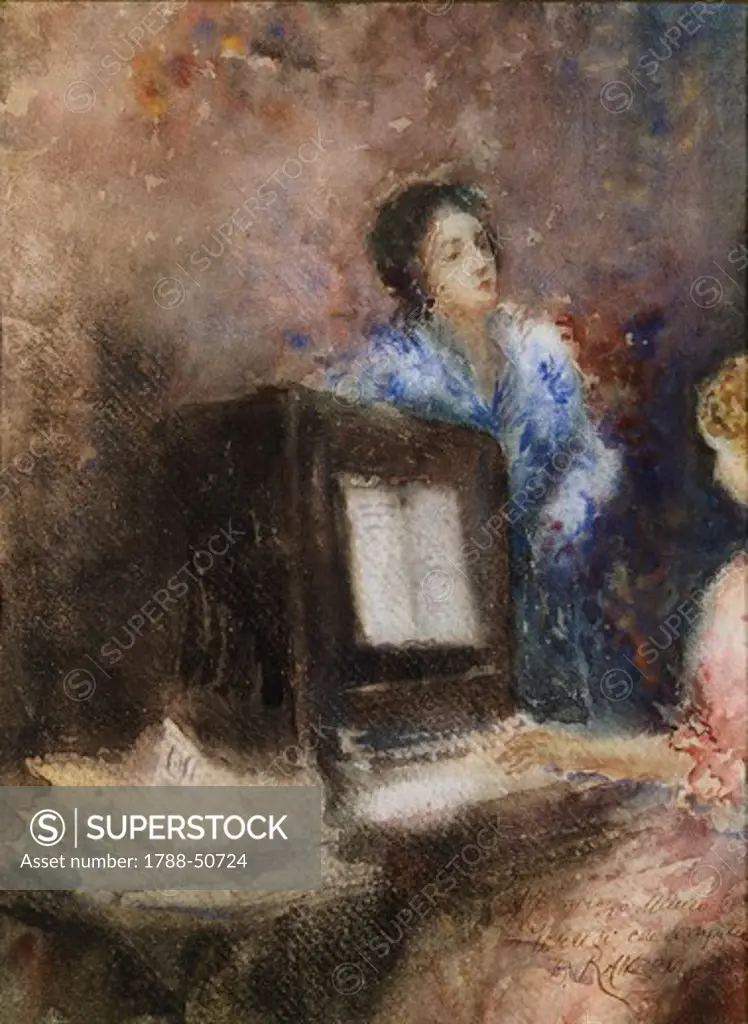 At the piano, by Daniele Ranzoni (1843-1889), watercolor on paper, 31x23 cm.