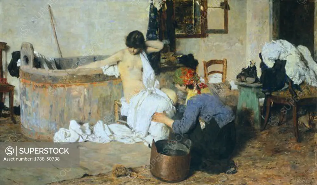 After the Bath, 1884, by Giacomo Favretto (1849-1887), oil on canvas, 55x96 cm.
