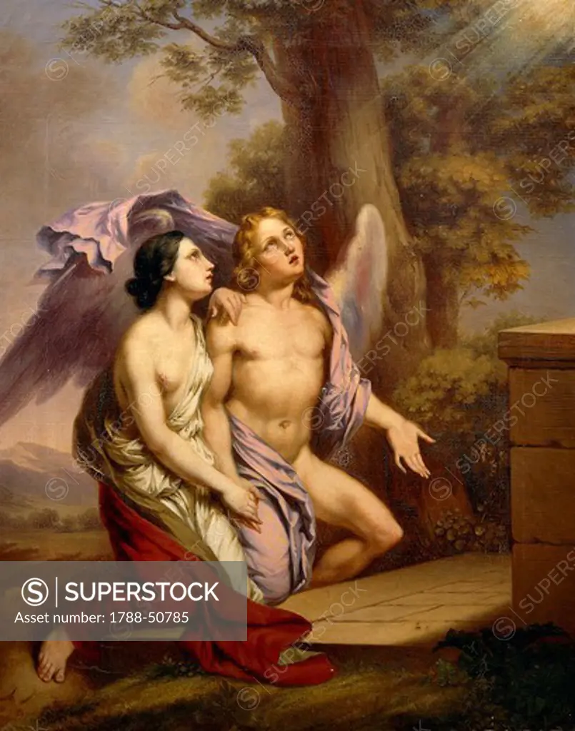 Cupid and Psyche, kneeling, by Eugenio Guglielmi (1809-1845).