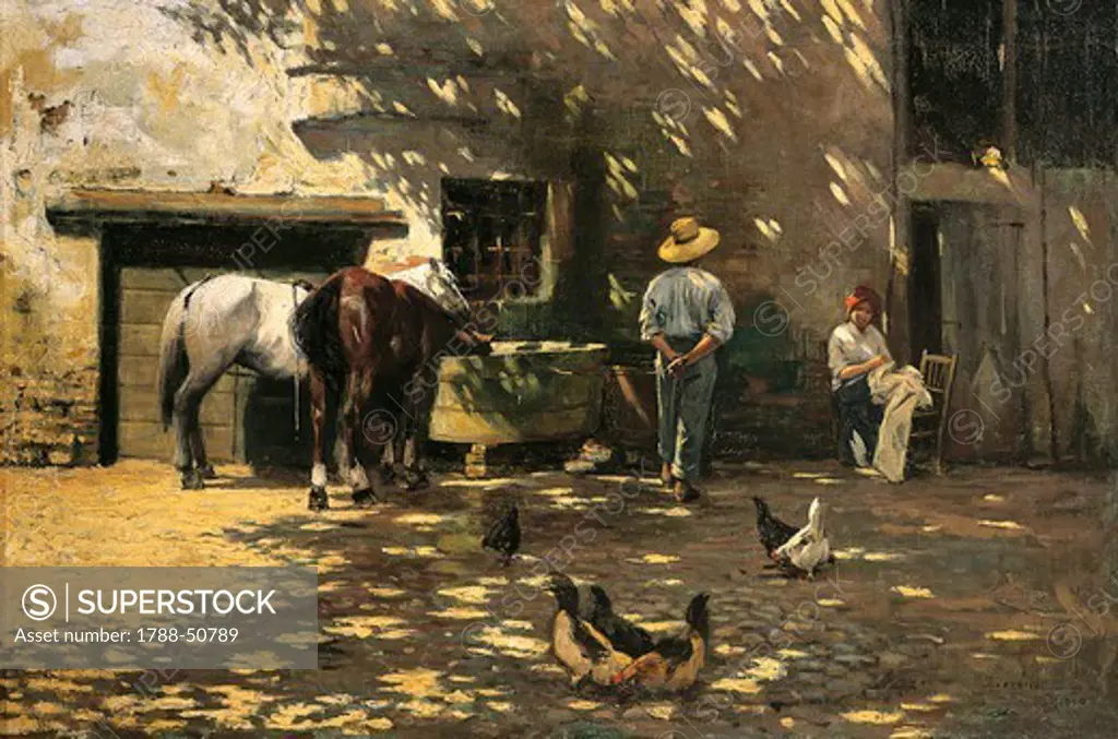 Horses at the water trough, 1900, by Luigi Serena (1855-1911), oil on canvas, 88x58 cm.