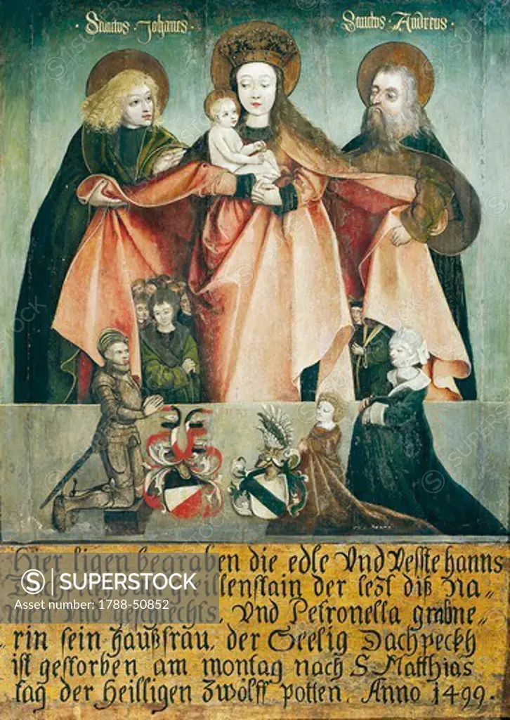 The Virgin with Child between St John and St Andrew, at her feet members of the Kuefstein and Puchheim families, builders in Greillenstein, 1499, painting.