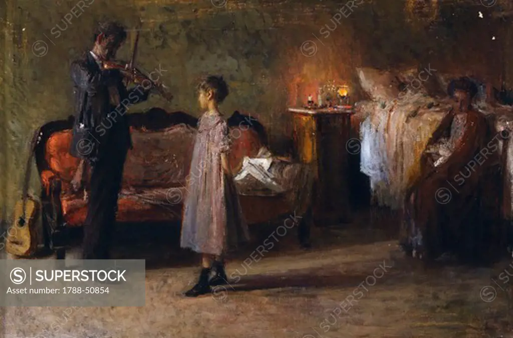 The busker's family, by Gaetano Esposito (1858-1911), oil on canvas, 38x56 cm.