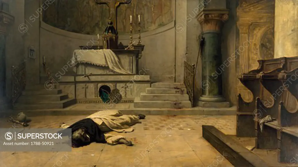 Sacrilege, 1884, by Ludwig Raymond (1825-1898), oil on canvas, 101x182 cm.