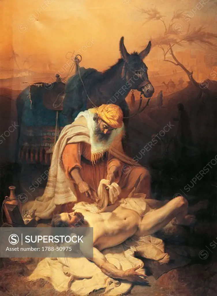 The parable of the Samaritan, 1851, by Baldassare Verazzi (1819-1886), oil on canvas, 176x236 cm.
