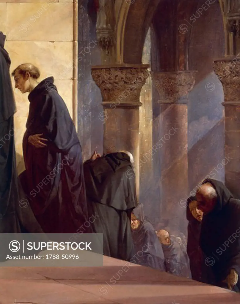 Meeting between Dante and Brother Hilary, 1845, by Giuseppe Bertini (1825-1898), oil on canvas, 162x227 cm. Detail.
