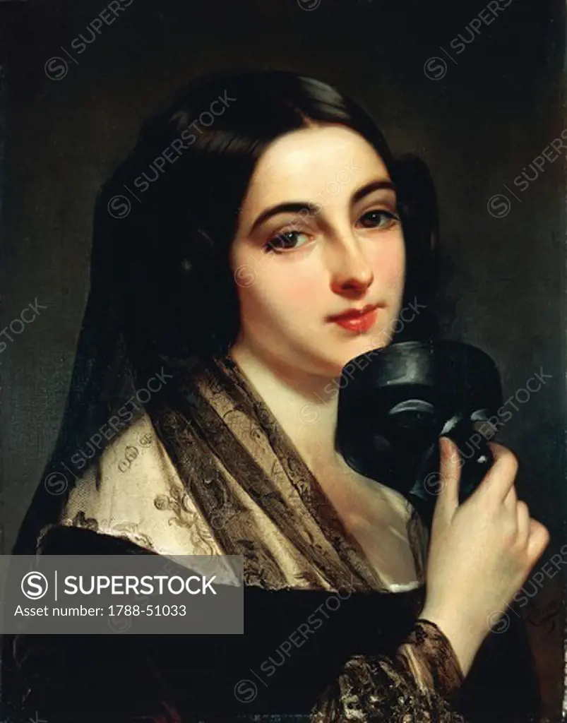 Lady with a mask, by Antonio Zona (1814-1892), oil on canvas, 50x40 cm.