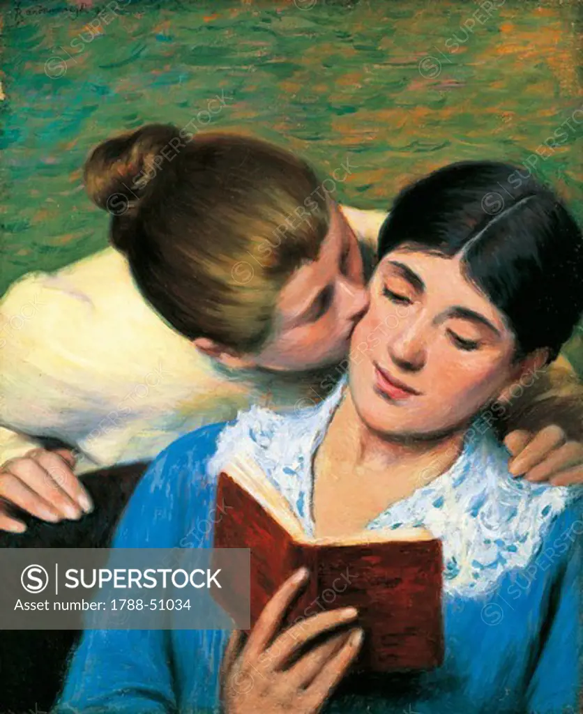 The Kiss, Interrupted reading, 1893, by Federico Zandomeneghi (1841-1917), oil on canvas, 46x38 cm.