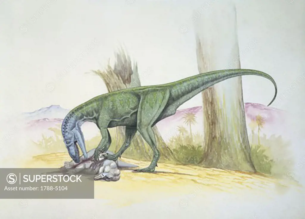 Side profile of dinosaur eating a dead animal