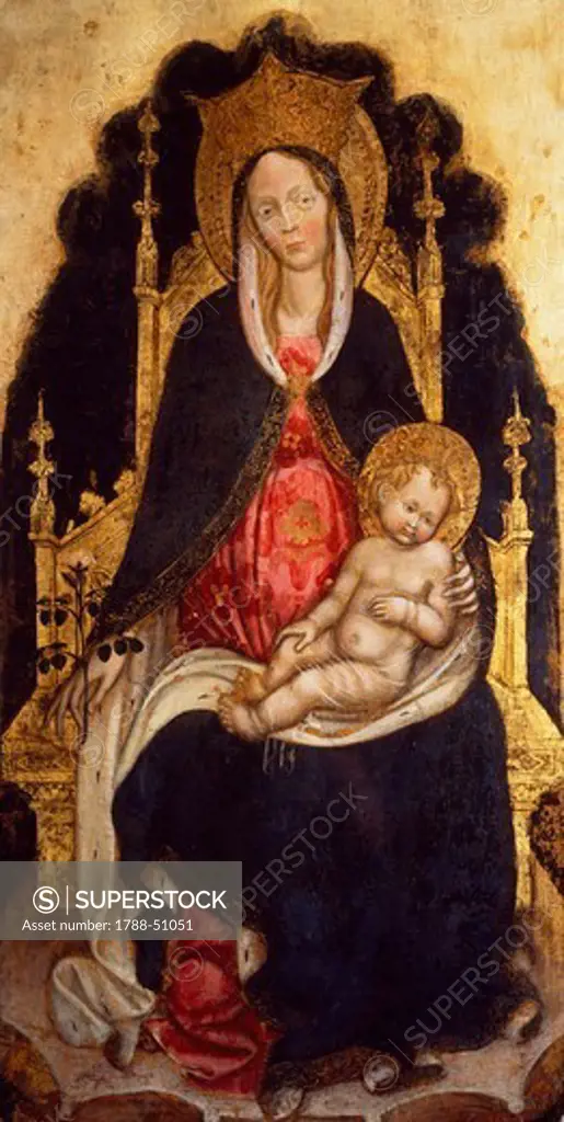 Madonna and Child on the throne, ca 1420, by Antonio Pisanello (1395-1455), tempera on panel, 96x49 cm.