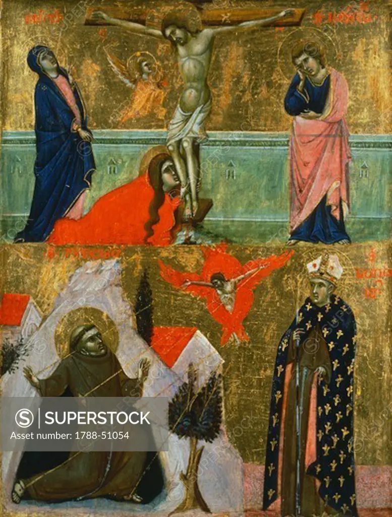 Panel showing the Crucifixion of Jesus, the stigmata of St Francis and a representation of St Louis of Toulouse, by the Master of Dittico Sterbini (14th century).