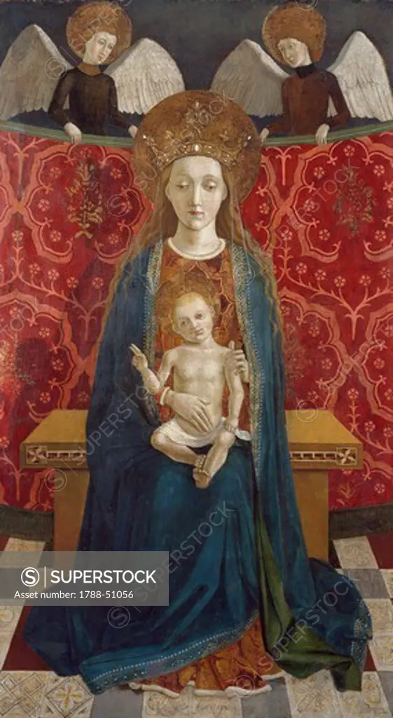 Madonna Enthroned with angels, 15th century, by an artist from the Spanish school, panel.