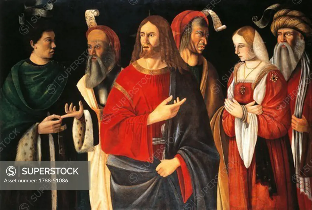 Christ and the adulteress, 1506, by Niccolo de' Barbari (active 16th century), tempera on wood, 93x121 cm.