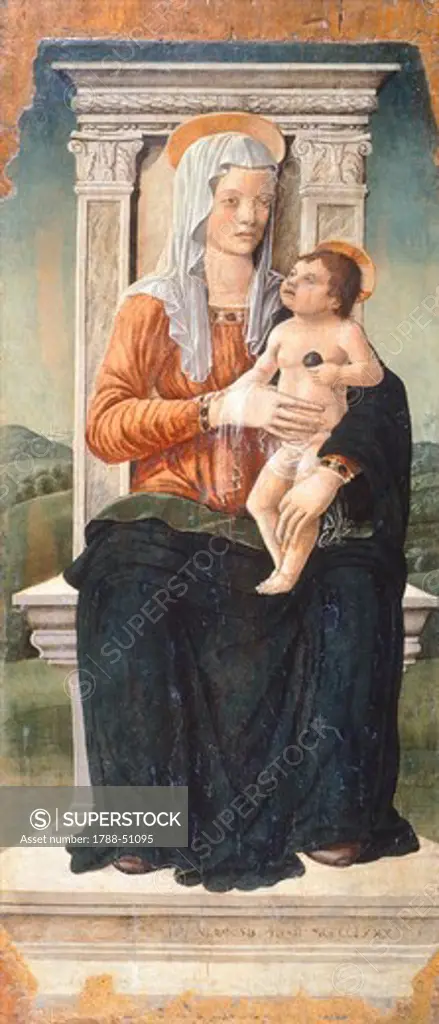Madonna with Child, detail of a panel showing Madonna and Child and the Saints Peter Martyr, Bonaventura, Anthony of Padua and St Catherine of Alexandria, by Jacopo Da Montagna (1432-1492).