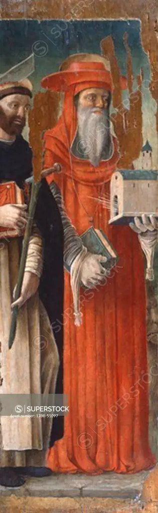 St Peter Martyr and St Bonaventure, detail of a panel showing Madonna with Child and the Saints Peter Martyr, Bonaventura, Anthony of Padua and St Catherine of Alexandria, by Jacopo Da Montagna (1432-1492).