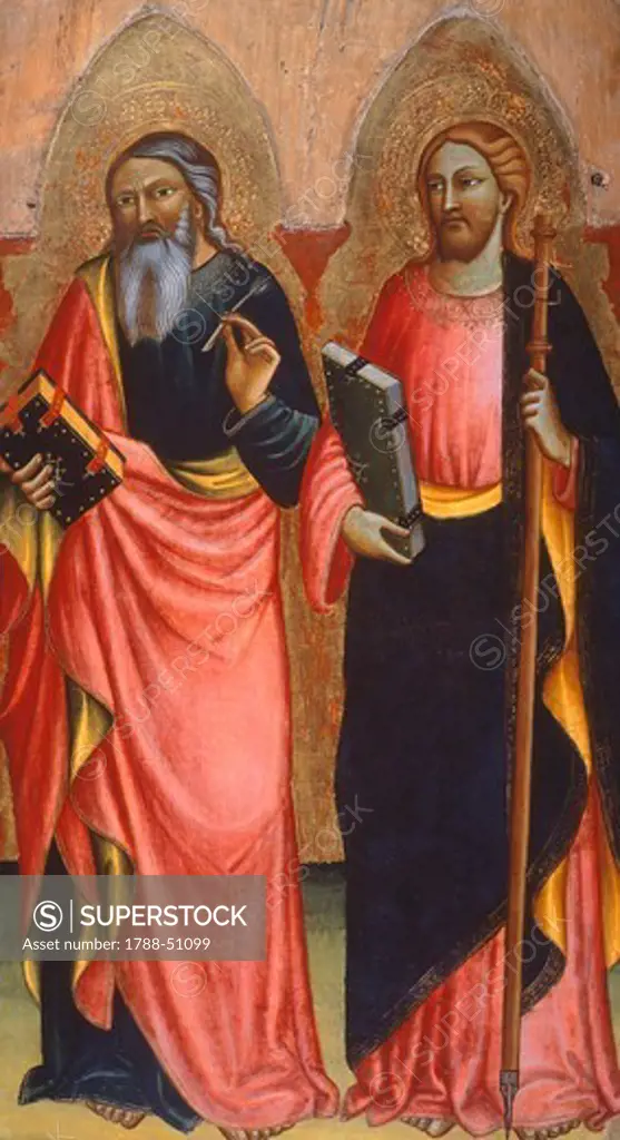 The Saints John the Evangelist and James, detail of a panel showing Madonna with Child, Angels and the Saints John the Evangelist and James, 1401, by Nanni di Jacopo.
