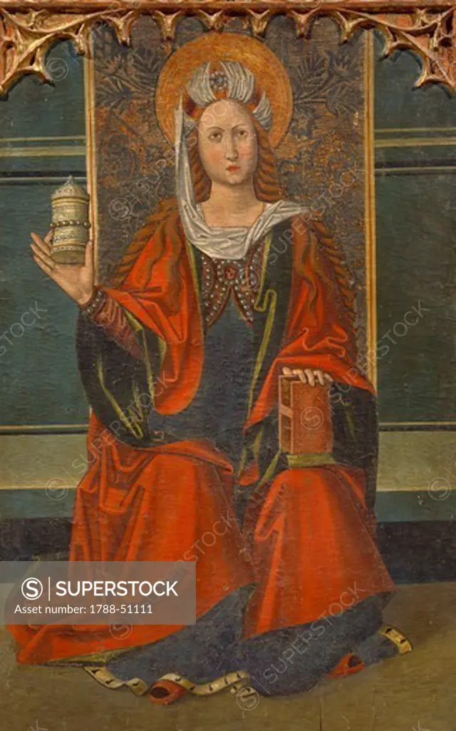 Mary Magdalene on the throne while holding a jar of perfumed ointment, detail from the Altarpiece of Mary Magdalene, by an unknown Aragonese artist (late 15th century).
