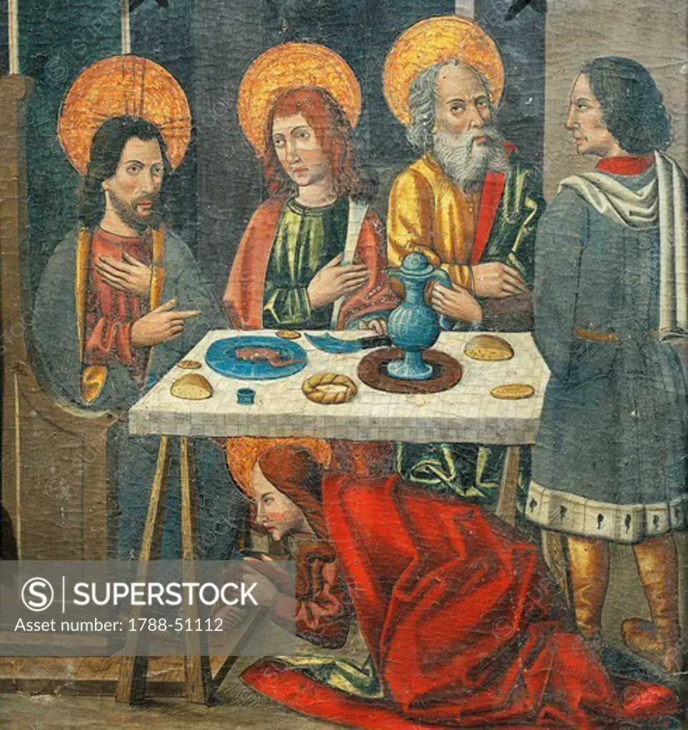 Lunch in the house of Simon the Pharisee with Mary Magdalene drying Jesus' feet with her hair, detail from the Altarpiece of Mary Magdalene, late 15th century, an unknown Aragonese artist.