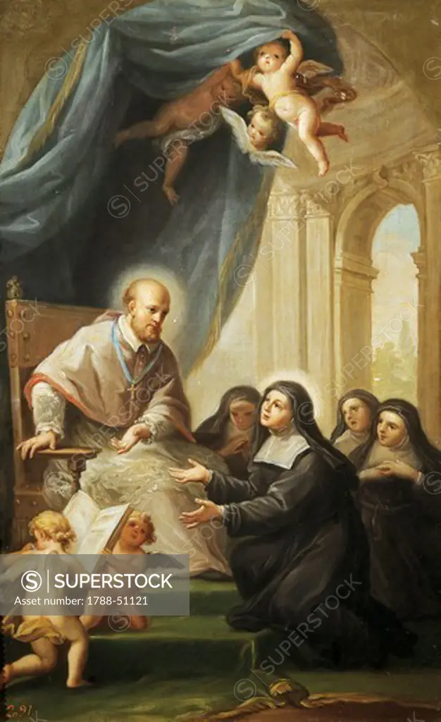 St Francis de Sales gives Jeanne Francoise de Chantal the constitution of the order of the Visitation, by Francisco Bayeu (1734-1795).