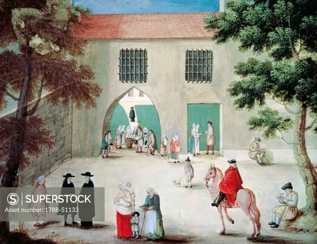 Assisting the poor in front of the abbey of Port-Royal des Champes, by Louise-Magdeleine Hortemels (1688-1767), gouache. France, 17th Century.