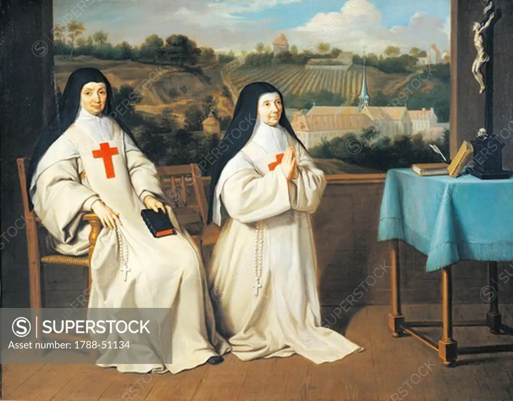 Portrait of Mother Marie-Angelique Arnauld's sister and mother Agnes in front of Port-Royal des Champes Abbey, attributed to Philippe de Champaigne (1602-1670).