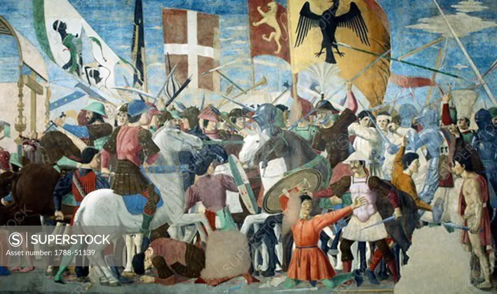 The Battle of Heraclius I of Byzantium against Chosroes II, detail from the Legend of the True Cross, 1452-1466, by Piero della Francesca (1415/20-1492), fresco. Church of San Francesco, Arezzo.