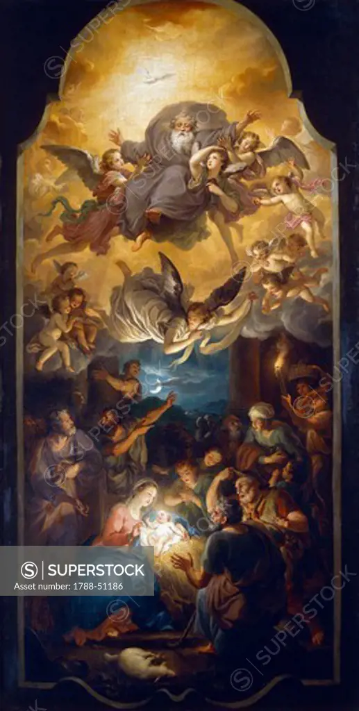 Adoration of the shepherds with the Father God in a glory of angels, 1751, by Anton Raphael Mengs (1728-1779), oil on canvas, 142x73 cm. Church of St John the Baptist, Allgau, Germany.