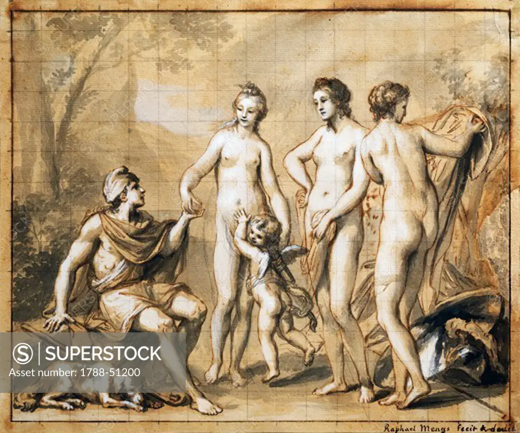The Judgment of Paris, 1756-1757, by Anton Raphael Mengs (1728-1779), pencil, watercolor and sepia, 22.5 x28 cm.
