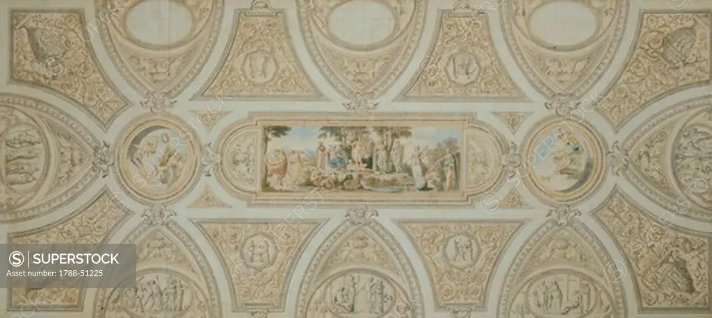 View of the vault of the gallery of Villa Albani in Rome, 1774, by Giuseppe Mannocchi (1731-1782), gray ink, watercolor and black bold, 56.5 x 12.5 cm.