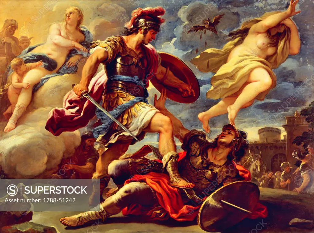 Aeneas defeats Turnus, by Luca Giordano (1634-1705), oil on canvas, 176x236 cm.