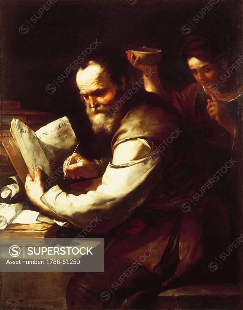 Xanthippe pouring water onto Socrates' neck, by Luca Giordano (1634-1705), oil on canvas, 132x105 cm.