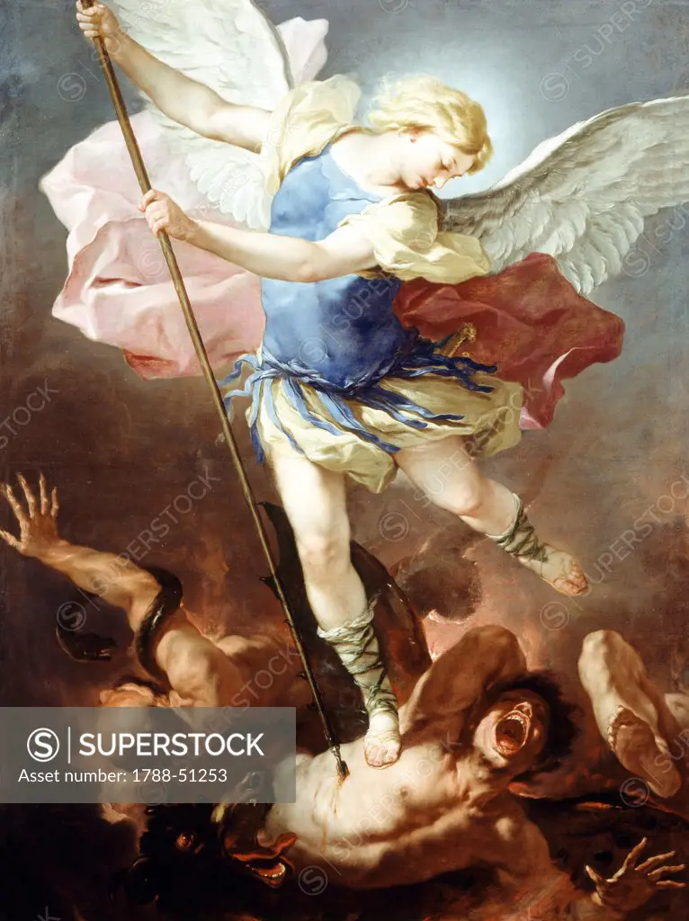 St Michael defeats the demon, by Luca Giordano (1634-1705), oil on canvas, 198x147 cm.